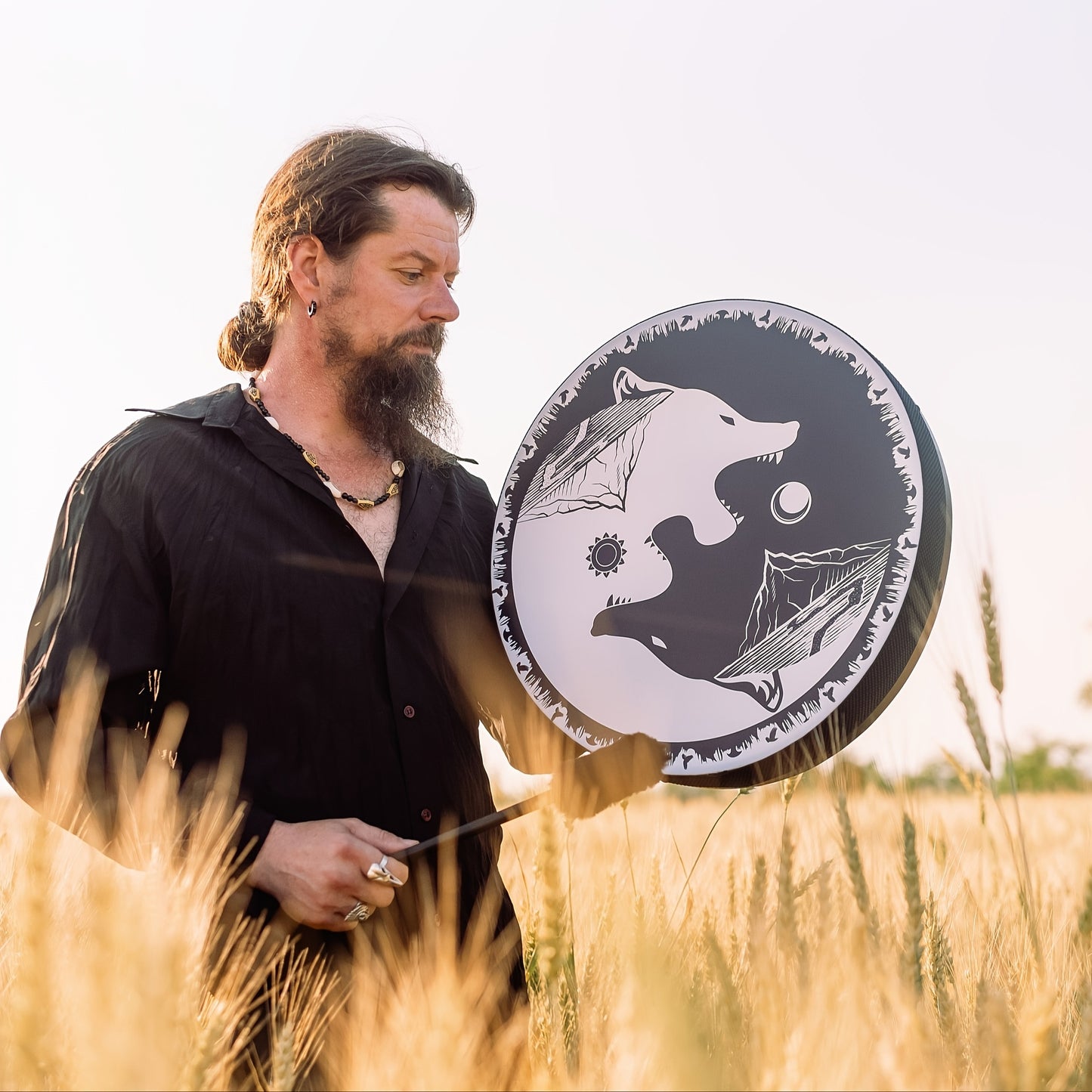 Shaman Black And White Wolf Drum For Spiritual Healing - Earth Heart Resources
