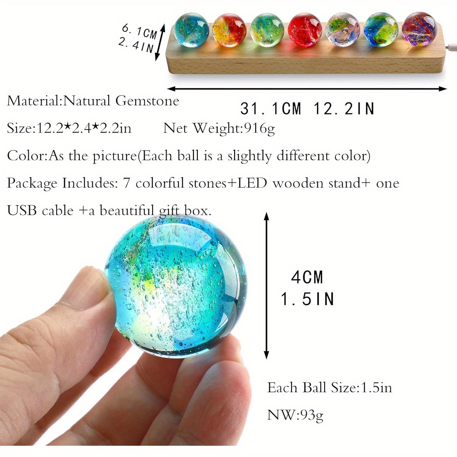 Seven Chakra Natural Crystal Ball with LED Stand for Meditation - Earth Heart Resources