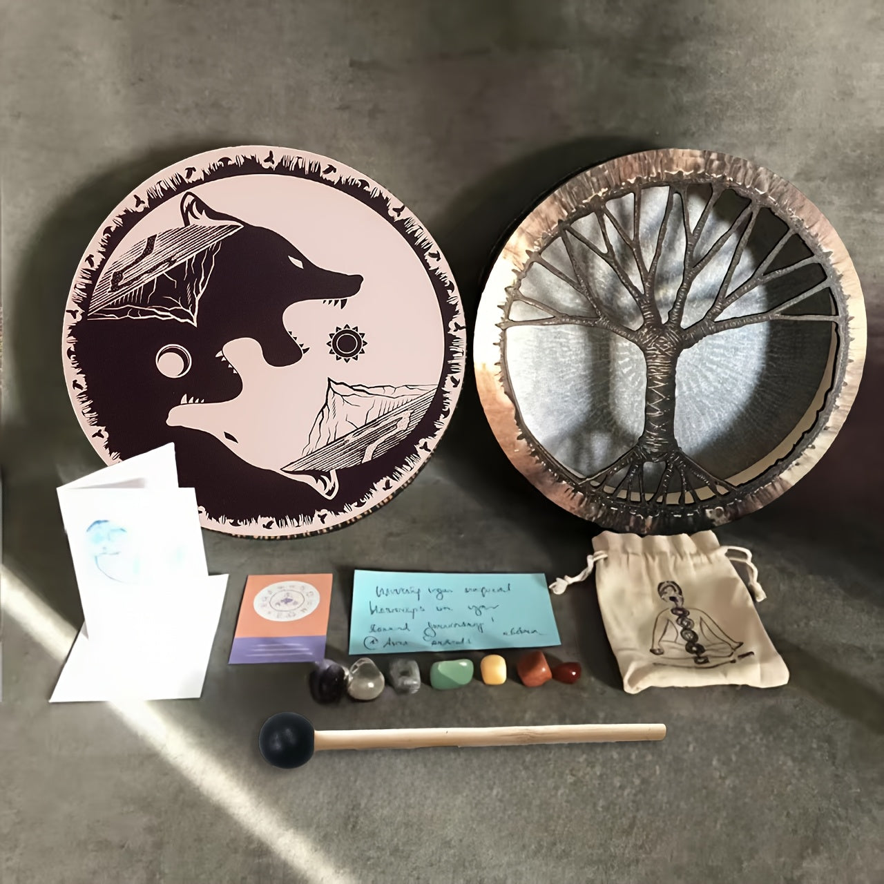 Shaman Black And White Wolf Drum For Spiritual Healing - Earth Heart Resources