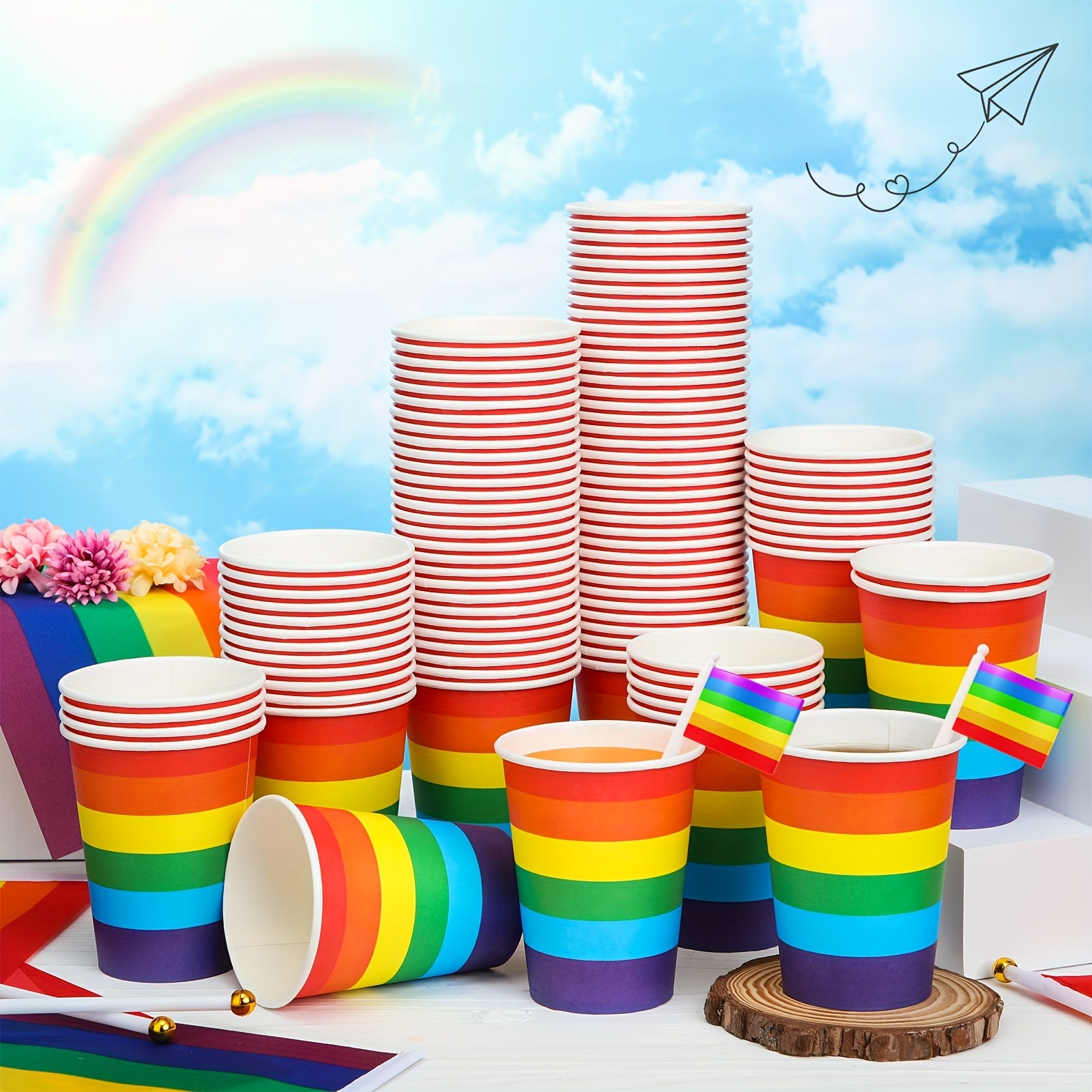Rainbow Striped Disposable Paper Cups for Pride Parties - Earth Heart Resources