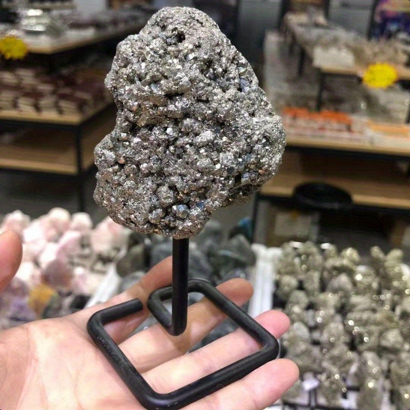 Natural Pyrite Crystal Stone on Metal Stand for Home Decor - Earth Heart Resources