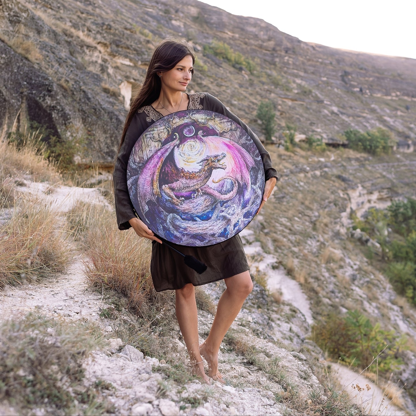 Shamanic Wooden Dragon Drum for Meditation and Spiritual Healing - Earth Heart Resources