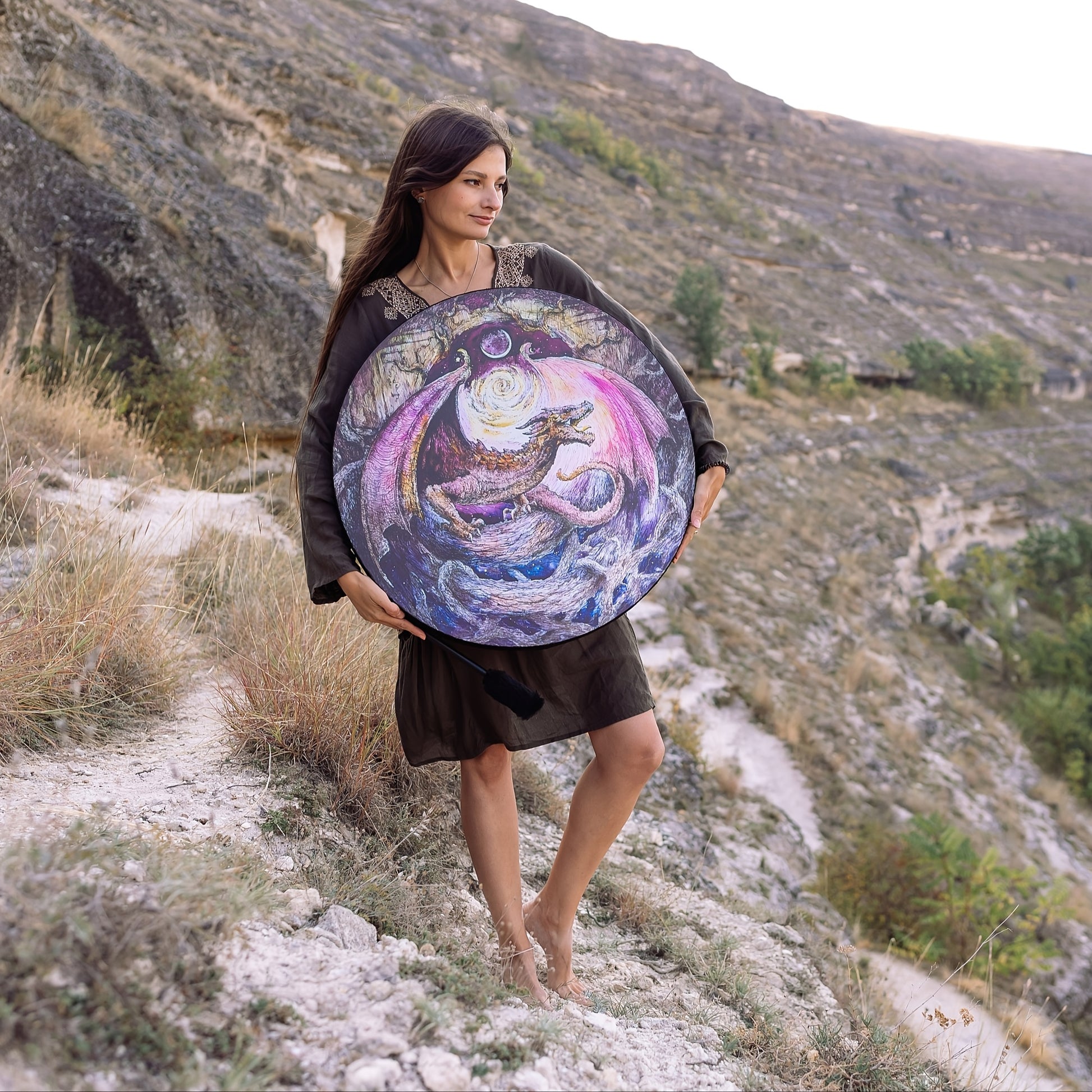 Shamanic Wooden Dragon Drum for Meditation and Spiritual Healing - Earth Heart Resources