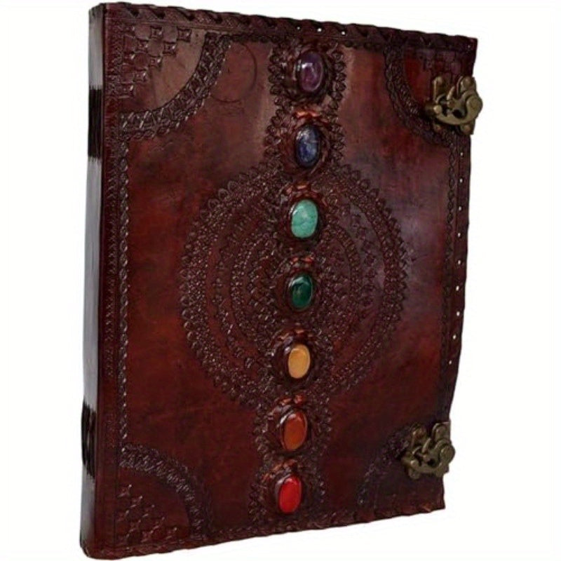 Handmade Seven Chakra Leather Journal with Gemstone Accents - Earth Heart Resources