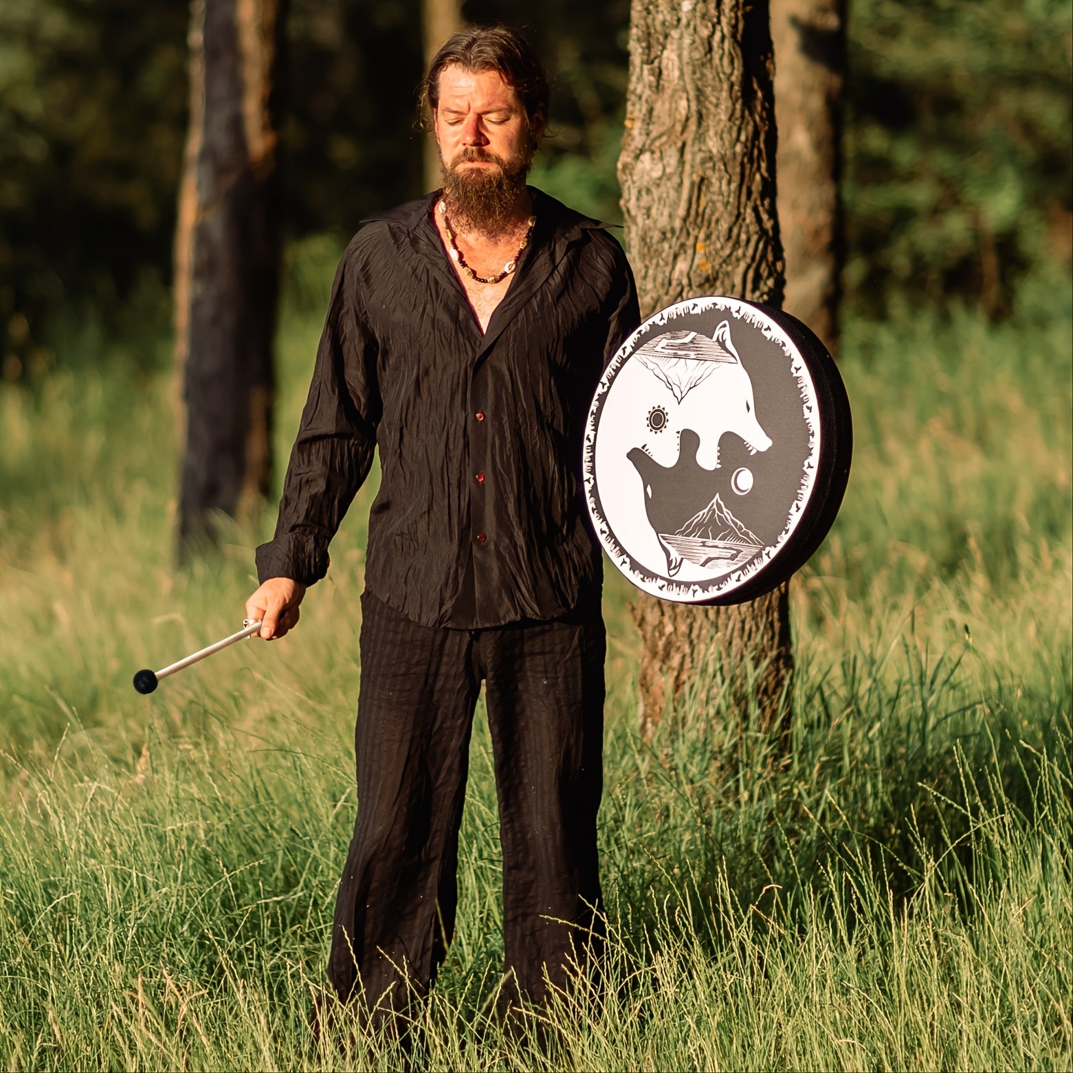 Shaman Black And White Wolf Drum For Spiritual Healing - Earth Heart Resources