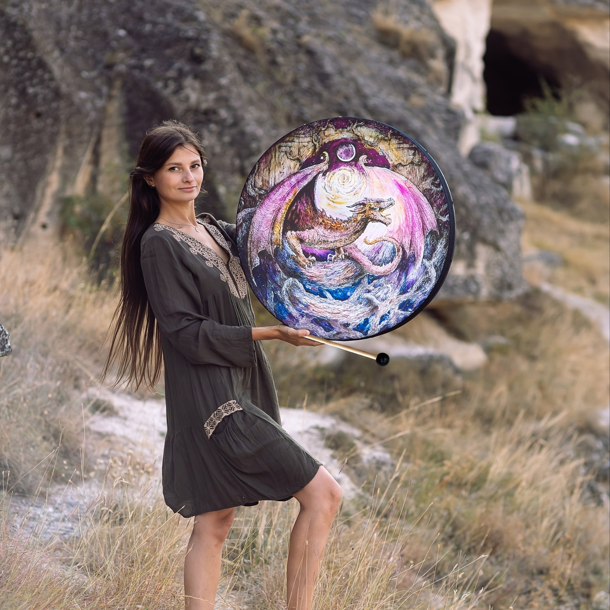 Shamanic Wooden Dragon Drum for Meditation and Spiritual Healing - Earth Heart Resources