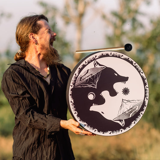 Shaman Black And White Wolf Drum For Spiritual Healing - Earth Heart Resources