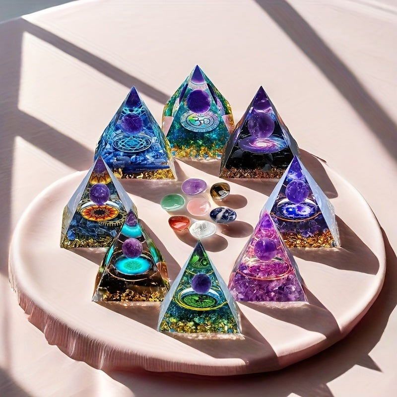Mesmerizing Orgonite Amethyst Pyramid Set with Chakra Stones - Earth Heart Resources