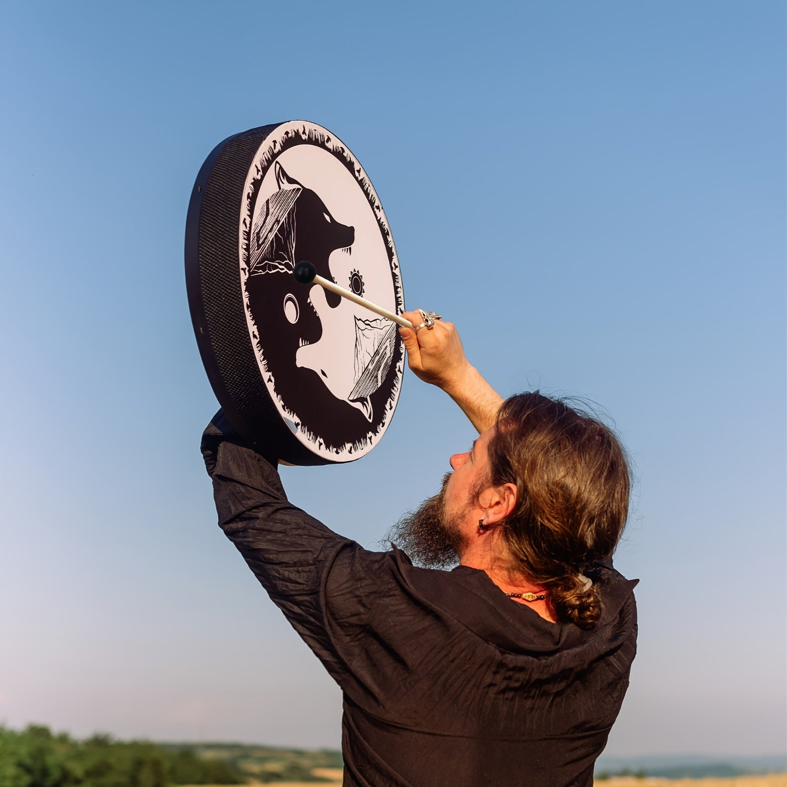 Shaman Black And White Wolf Drum For Spiritual Healing - Earth Heart Resources