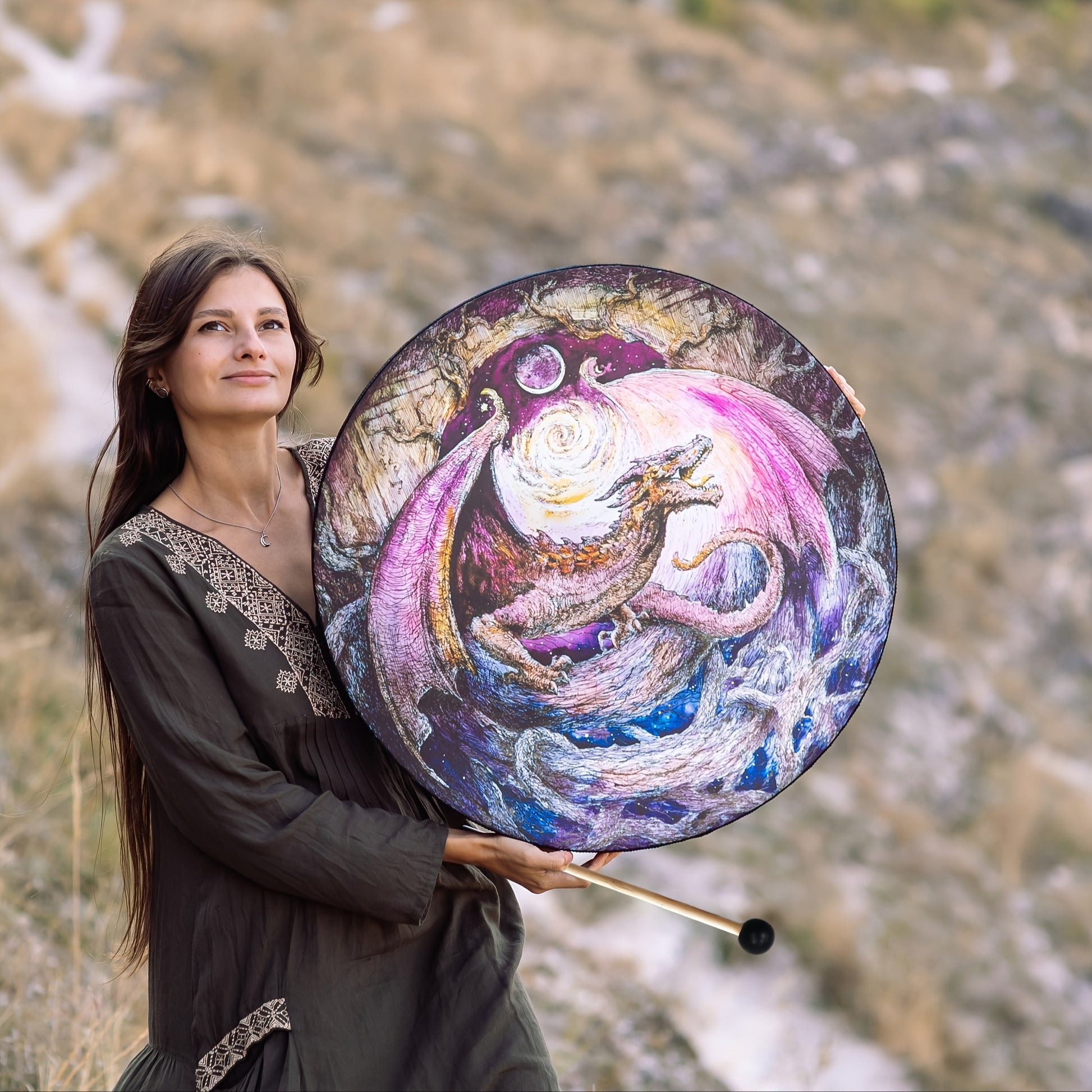 Shamanic Wooden Dragon Drum for Meditation and Spiritual Healing - Earth Heart Resources