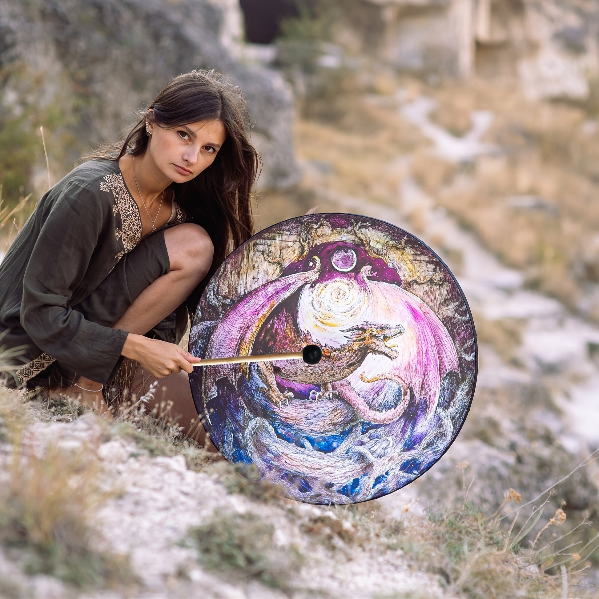 Shamanic Wooden Dragon Drum for Meditation and Spiritual Healing - Earth Heart Resources