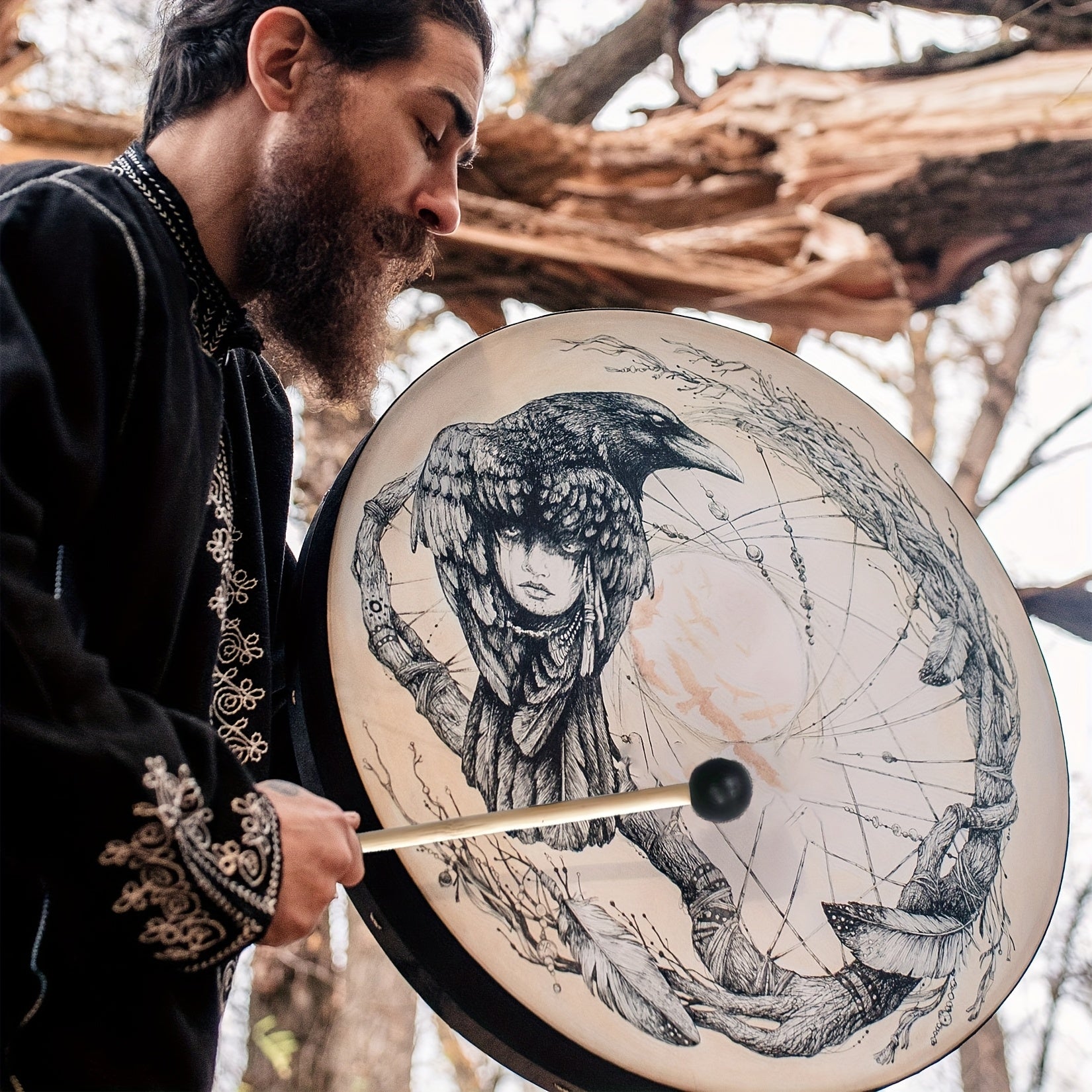 Shamanic Raven Drum for Meditation and Spiritual Reflection - Earth Heart Resources