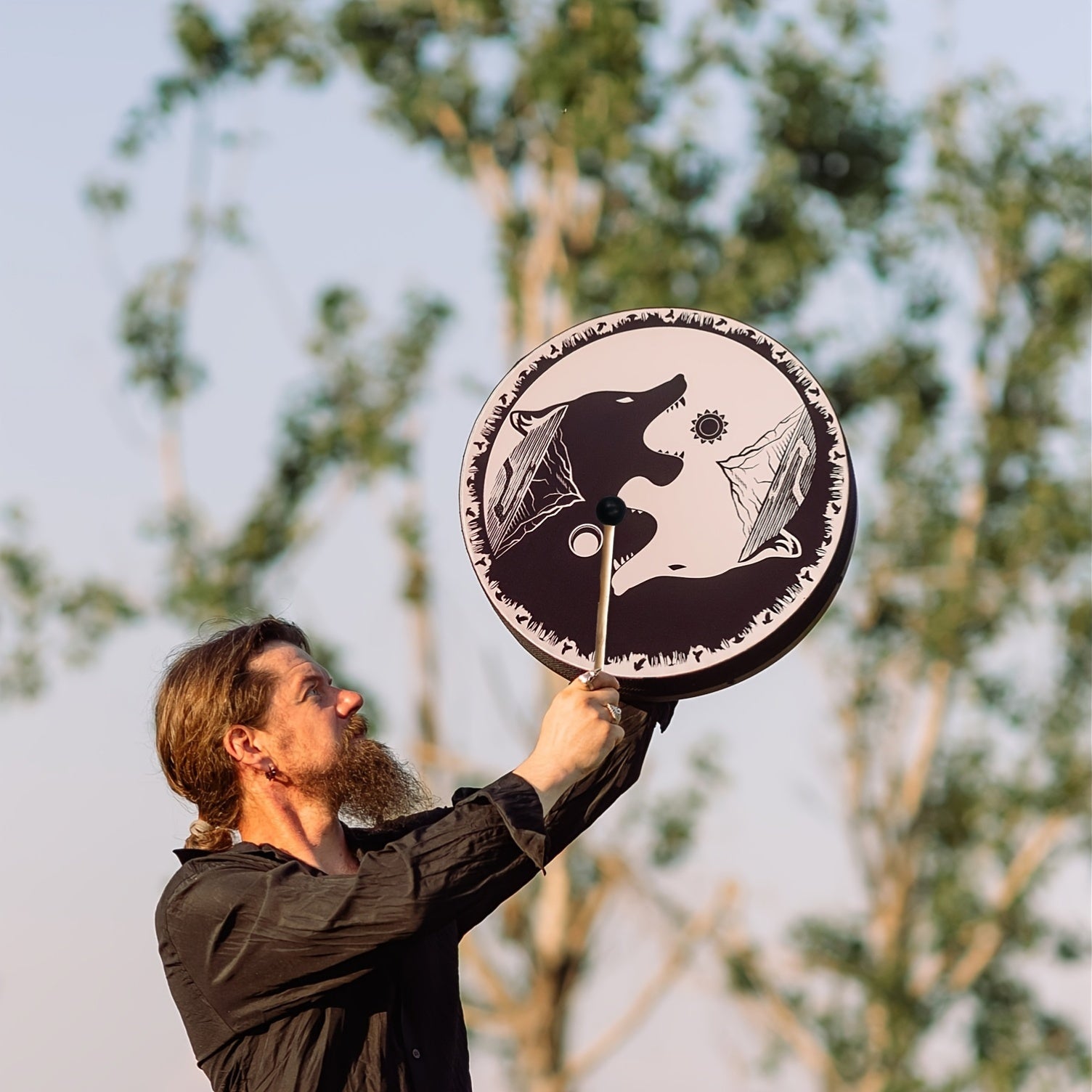 Shaman Black And White Wolf Drum For Spiritual Healing - Earth Heart Resources
