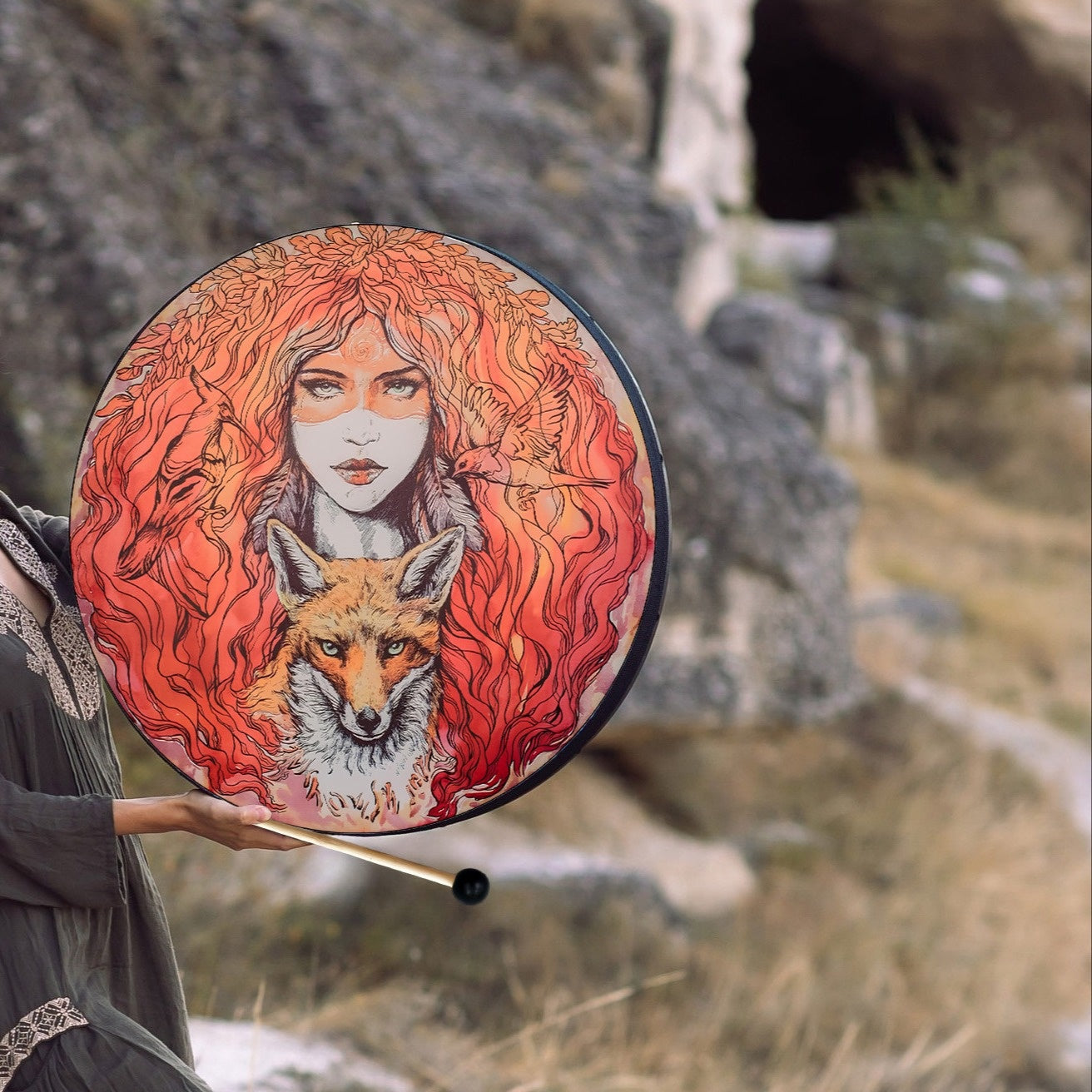 Handmade Vegan Shaman Drum with Artwork and Carrying Case - Earth Heart Resources