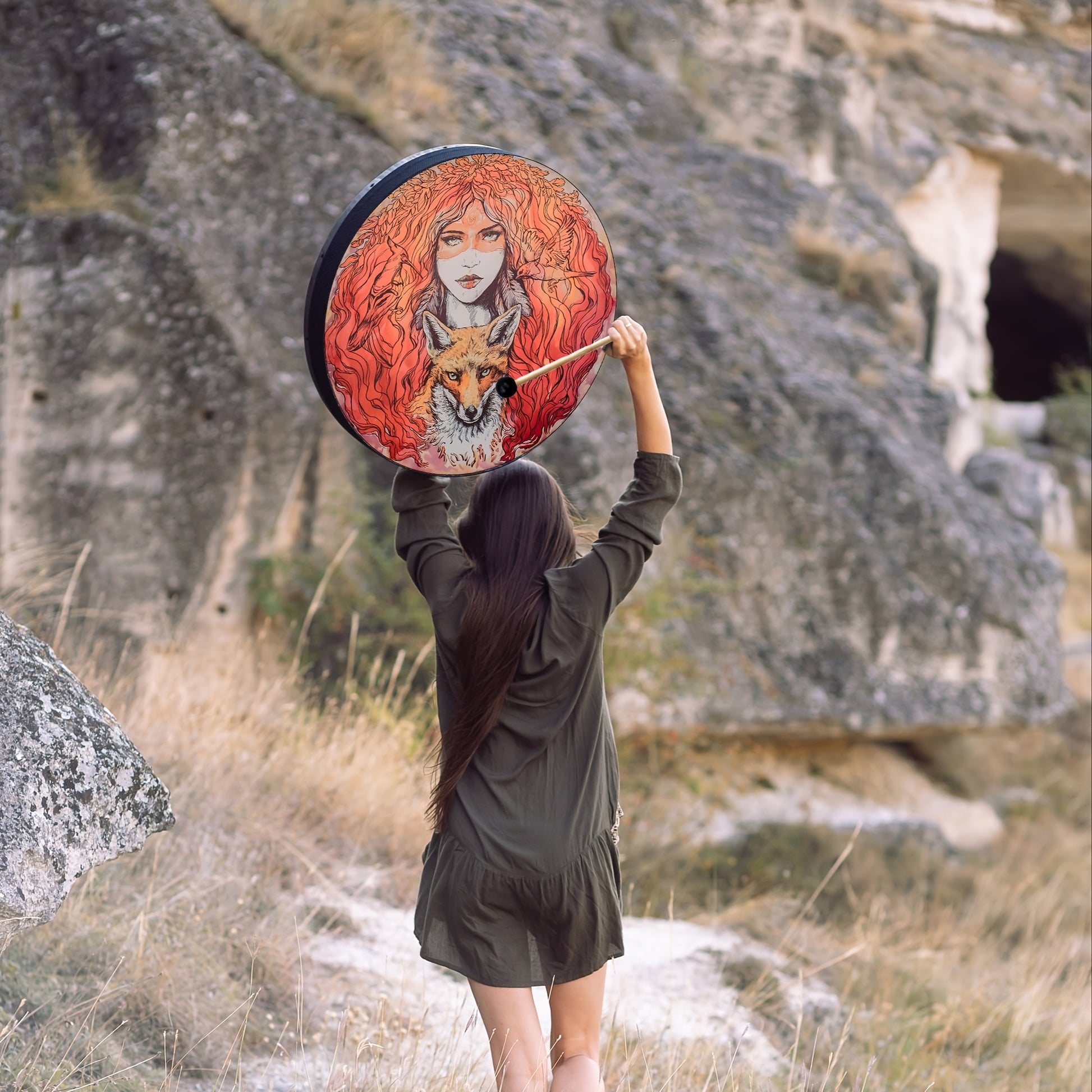 Handmade Vegan Shaman Drum with Artwork and Carrying Case - Earth Heart Resources