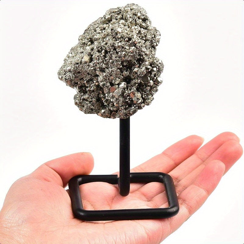 Natural Pyrite Crystal Stone on Metal Stand for Home Decor - Earth Heart Resources