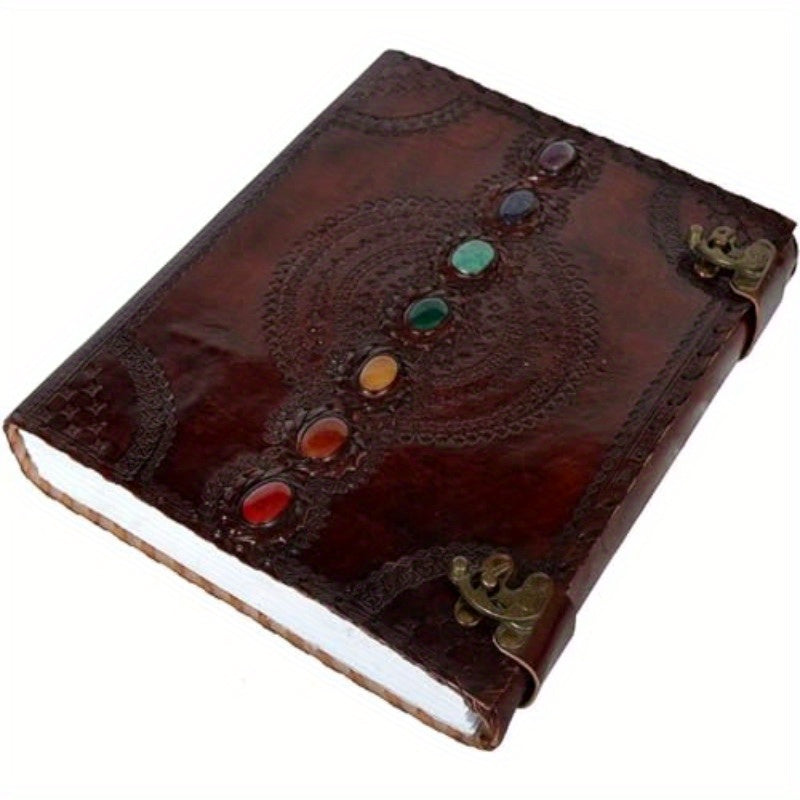 Handmade Seven Chakra Leather Journal with Gemstone Accents - Earth Heart Resources
