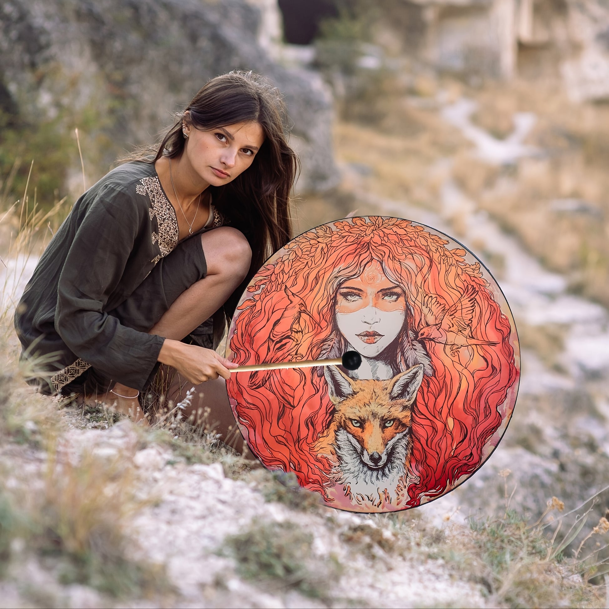 Handmade Vegan Shaman Drum with Artwork and Carrying Case - Earth Heart Resources